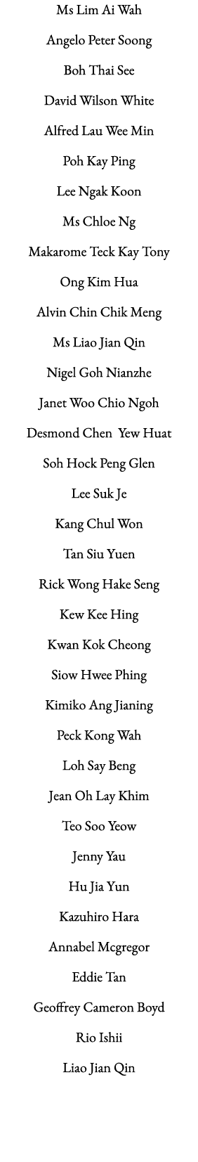 Ms Lim Ai Wah Angelo Peter Soong Boh Thai See David Wilson White Alfred Lau Wee Min Poh Kay Ping Lee Ngak Koon Ms Chl...
