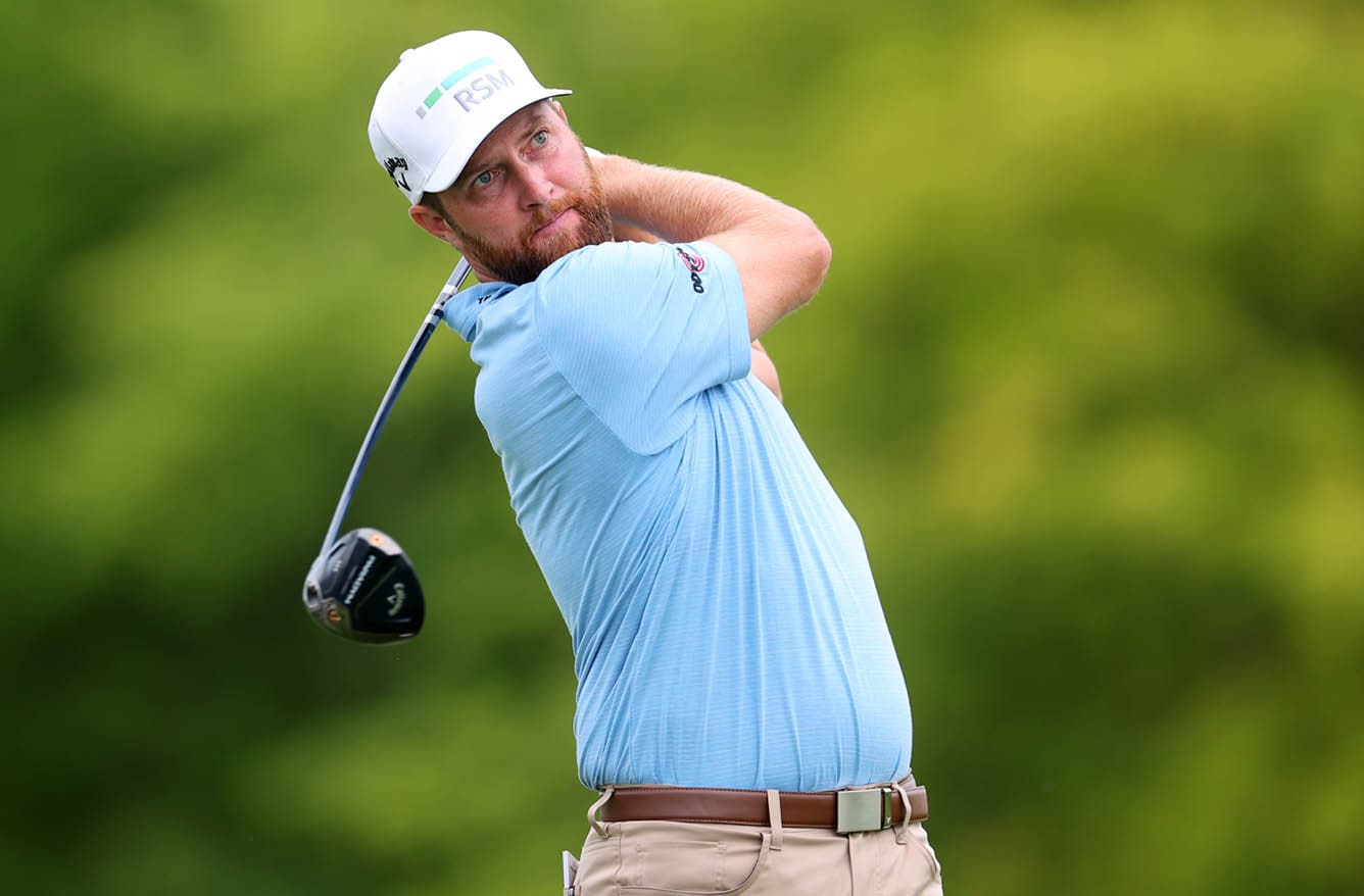 SILVIS, ILLINOIS - JULY 07: Chris Kirk of the United States plays his shot from the ninth tee during the second round of the John Deere Classic at TPC Deere Run on July 07, 2023 in Silvis, Illinois. (Photo by Michael Reaves/Getty Images)