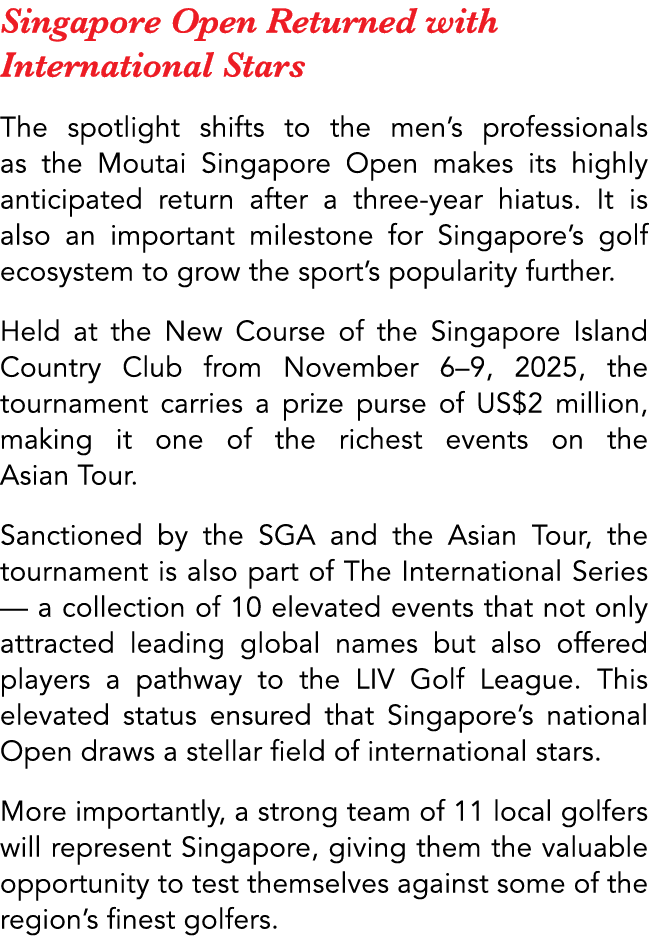 Singapore Open Returned with International Stars The spotlight shifts to the men’s professionals as the Moutai Singap...