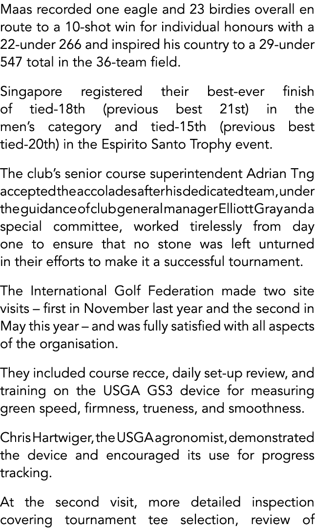 Maas recorded one eagle and 23 birdies overall en route to a 10 shot win for individual honours with a 22 under 266 a...
