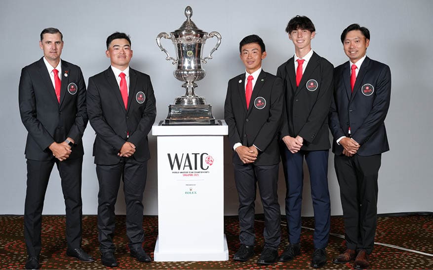 Singapore World Amateur Team, from left to right, Captain Murray Erasmus Smit, Hiroshi Hirahara Tai, Brayden Lee and Troy Storm as seen with the Eisenhower Trophy during practice round at Tanah Merah Country Club, in Singapore on Tuesday, 7th of October, 2025. (Copyright USGA/Steven Gibbons)