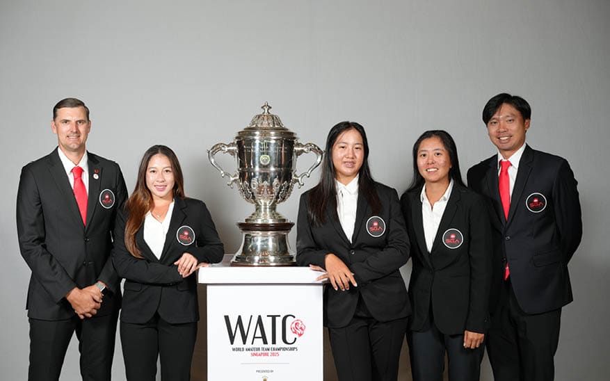 Singapore World Amateur Team, from left to right, Captain Murray Smit, Valencia Chang, Xingtong Chen and Inez Ng as seen with the Espirito Santo Trophy during practice round at Tanah Merah Country Club, in Singapore on Tuesday, 30 Sept. 2025. (Copyright USGA/Steven Gibbons)