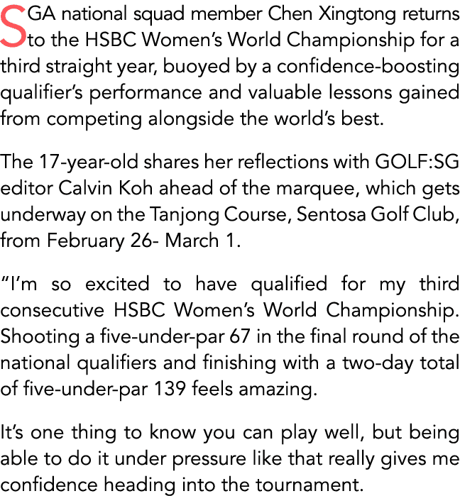 SGA national squad member Chen Xingtong returns to the HSBC Women’s World Championship for a third straight year, buo...