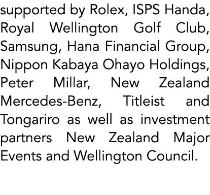 supported by Rolex, ISPS Handa, Royal Wellington Golf Club, Samsung, Hana Financial Group, Nippon Kabaya Ohayo Holdin...