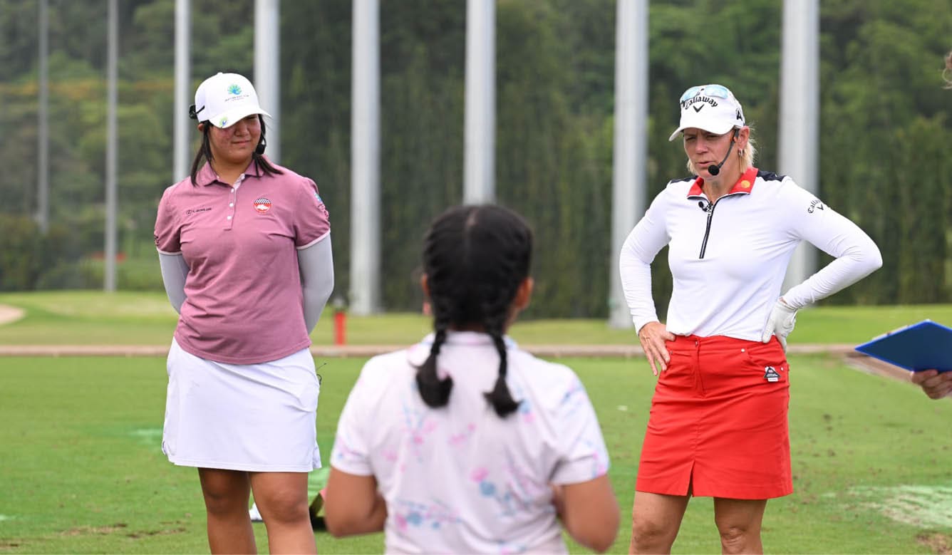 Two women and a girl are standing on a golf course. AI generated content