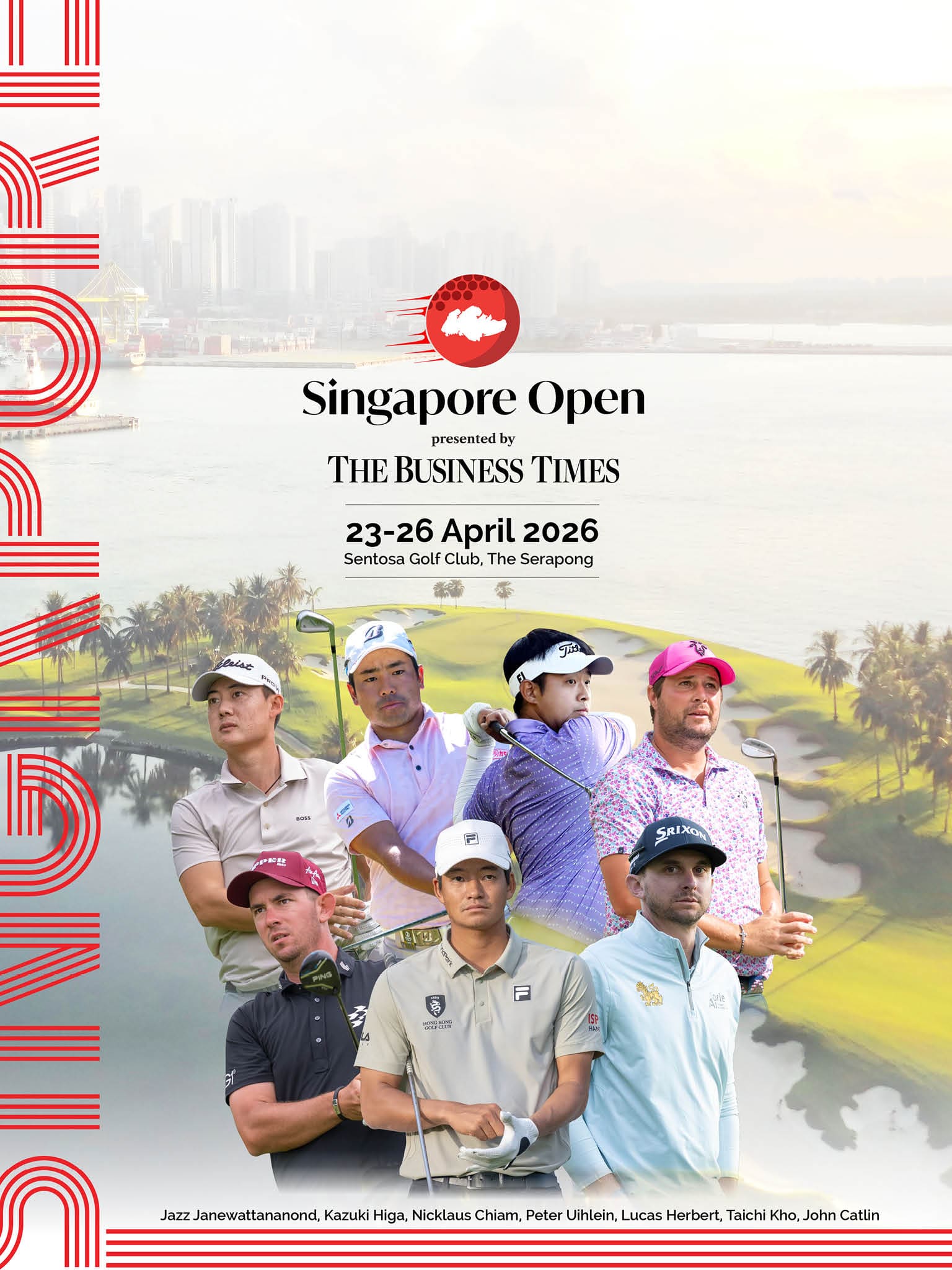 A group of men in golf attire are on a poster advertising the Singapore Open. Description generated by AI